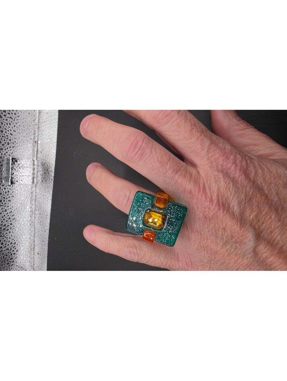 Unique Green and Amber Resin Statement Ring Size 7.5